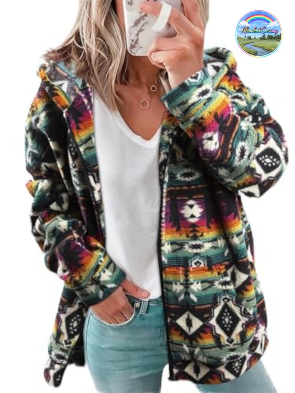 Women's Zip Up Sherpa Fleece Hoodie Western Aztec Print